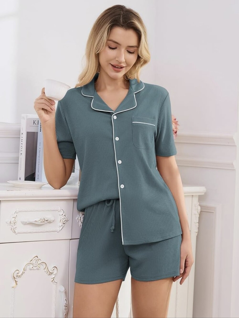 Ribbed Short Sleeve Pajama Set - Teal with White Piping - Picture 4 of 6